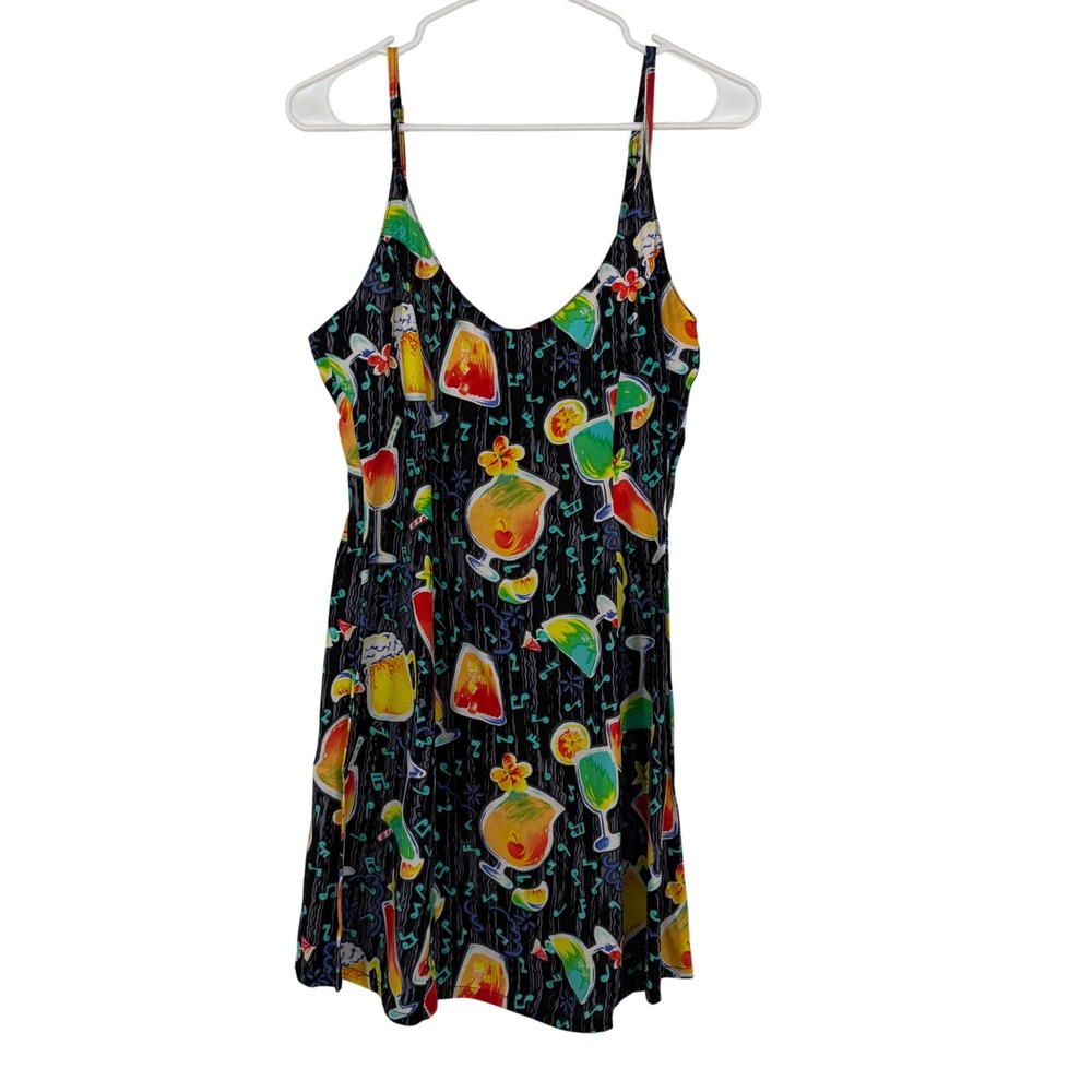 Vintage Big Hed Designs Sundress Women Small Black Cocktail Music Rayon 90's Y2K
